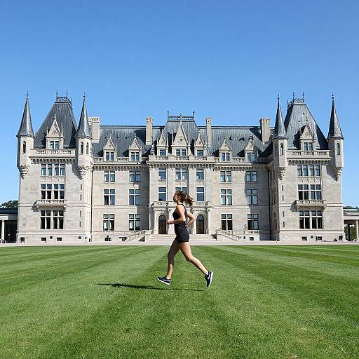Photograph of a fit woman with curly hair in black sports bra and shorts, running on a manicured lawn in front of a grand, Gothic-style