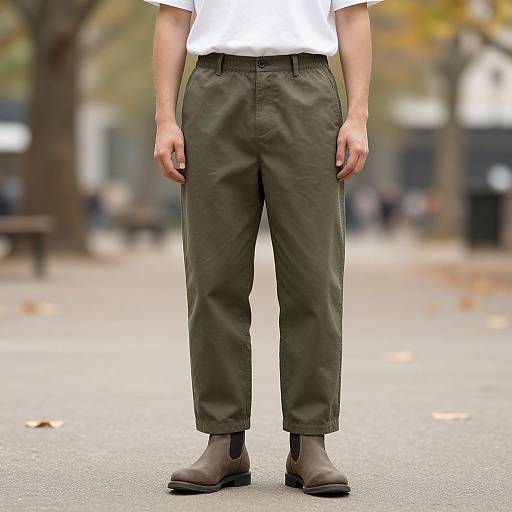 Photograph of a person's lower torso, wearing olive green cargo pants, white shirt, and brown shoes, standing on a blurred autumn park path.