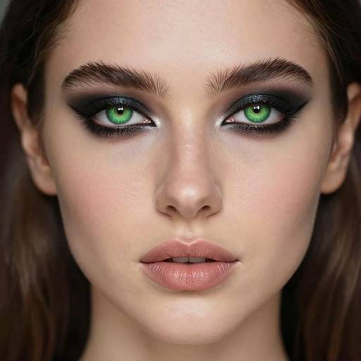 Close-up photograph of a young woman with striking green eyes, dark smoky eyeshadow, thick eyebrows, and pink lips, looking directly at the
