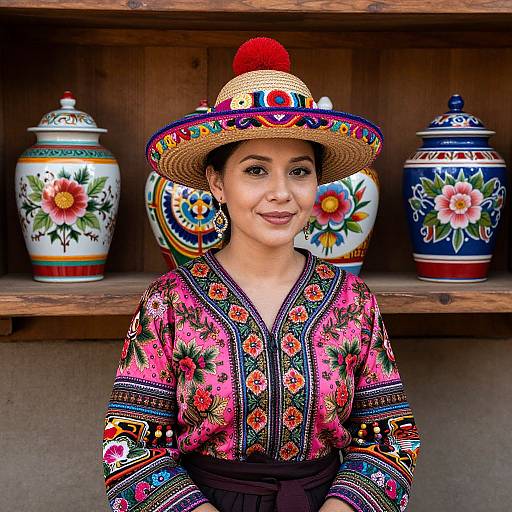 Photograph of a smiling woman in a colorful, embroidered blouse and straw hat with red pom-pom, standing before wooden shelves with vibrant, floral-pattern