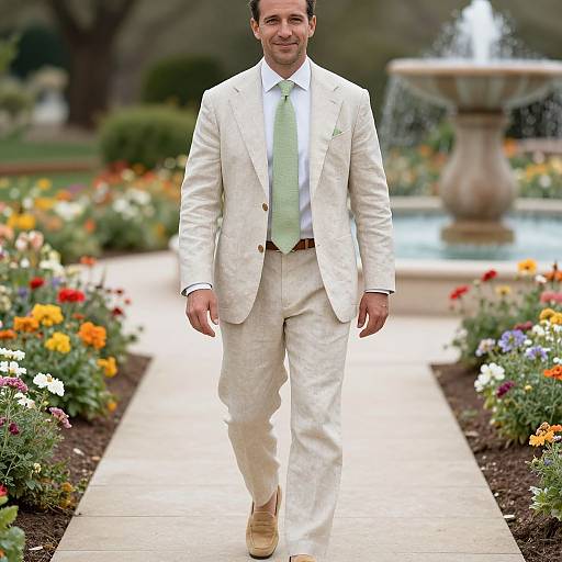 Photograph of a smiling man in a white suit and green tie walking along a garden path with colorful flowers and a fountain in the background.