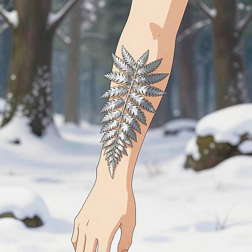 Digital artwork of a pale arm with a detailed, silver-silver fern tattoo, set against a snowy, forest background.