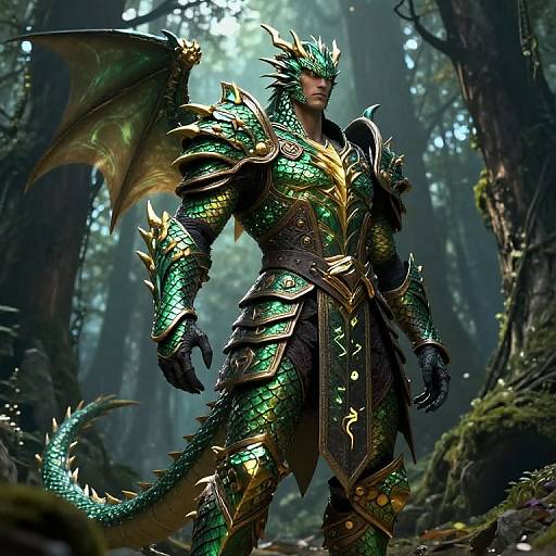 Digital art of a muscular, green-scaled dragon warrior with gold-accented armor, large wings, and a tail, standing in a mystical,