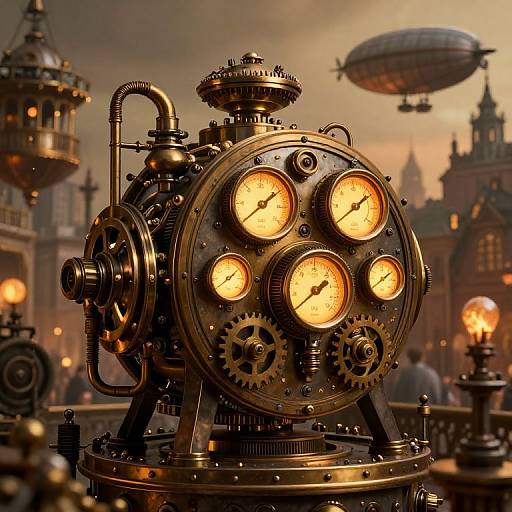 Steampunk-style, detailed, CGI image of a brass, multi-clocked clockwork machine with glowing dials, in a futuristic, industrial city