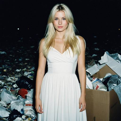Blonde Woman in White Dress Amid Trash