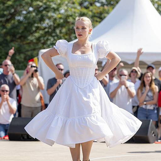 Photograph of a blonde woman in a puffy-sleeve, white, knee-length dress, standing confidently with hands on hips, outdoors, with