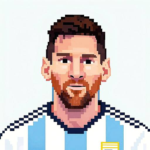 Pixel art of a bearded man with short brown hair, wearing an Argentine soccer jersey, against a white background.