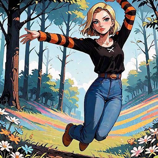 Anime Android 18 Floating in Forest