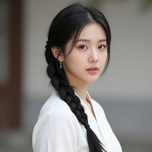 Photograph of a young Asian woman with fair skin, long black braided hair, wearing a white top, looking softly at the camera.