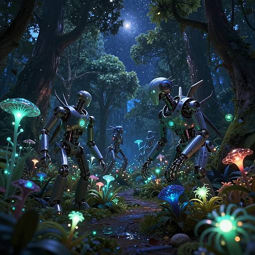 Digital art of glowing, robotic figures in a mystical, luminescent forest with bioluminescent mushrooms and plants under a starry night sky.