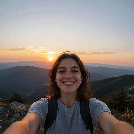 Photograph of a smiling young woman with wavy brown hair, wearing a gray t-shirt and backpack, taking a selfie at sunset on a mountain peak