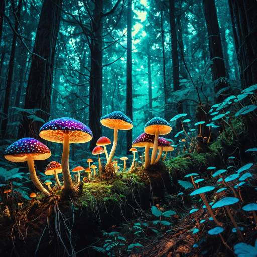 Glowing Psychedelic Mushrooms in Magical Forest