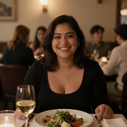 Smiling Woman at Cozy Restaurant Table