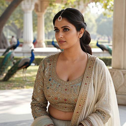 Photograph of a beautiful South Asian woman with dark hair, wearing an ornate gold and beige traditional outfit, adorned with a maang tikka,