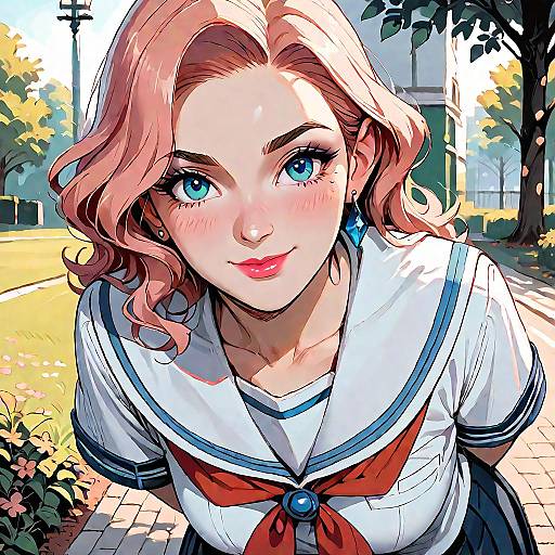 Digital anime-style drawing of a cute, blonde-haired girl with blue eyes, wearing a white sailor uniform with a red necktie, leaning forward in a
