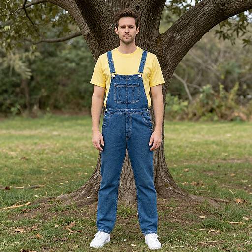 Photograph of a Caucasian man with short brown hair, wearing a yellow t-shirt and blue denim overalls, standing against a tree in a grassy