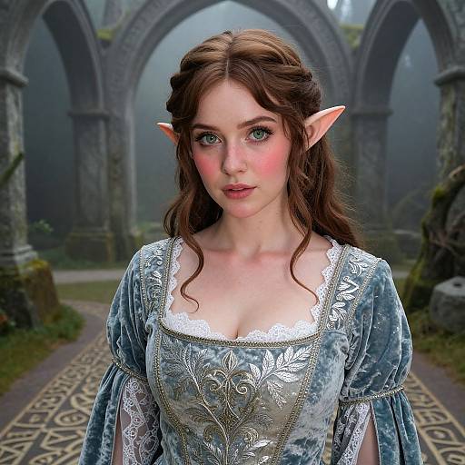 Digital fantasy portrait of a fair-skinned, pink-cheeked, brown-haired elf woman with pointed ears, wearing an ornate, light blue velvet