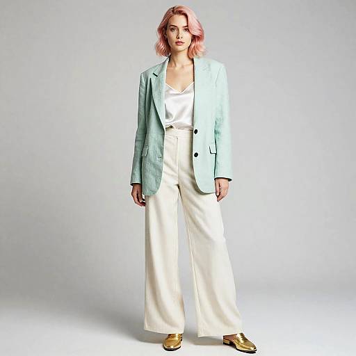 Androgynous fashion with mint blazer and wide leg pants
