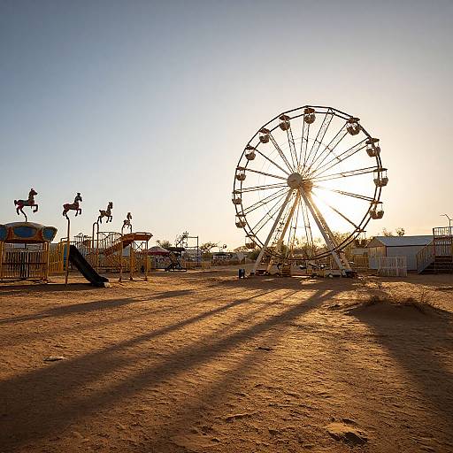 Photograph of a sunlit, sandy carnival with a large, silhouetted Ferris wheel, horse statues, and slides in the background.