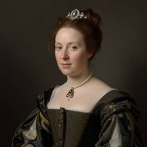 Photograph of a pale-skinned, brown-haired woman in period attire, wearing a tiara, pearl necklace, and red pendant, set against a