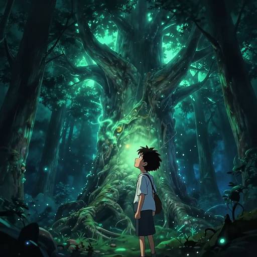 Anime-style digital illustration of a young boy in a white shirt and black skirt standing in a mystical, glowing green forest, gazing at a massive,
