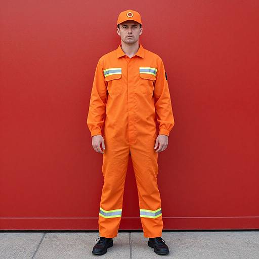 Photograph of a young white man standing against a red wall, wearing an orange firefighter uniform with reflective stripes and a matching cap.