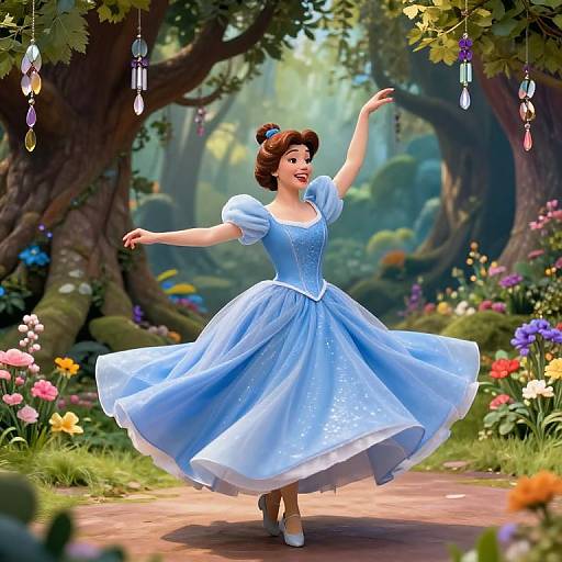 Digital illustration of a smiling, fair-skinned woman in a blue ball gown dancing in a vibrant, enchanted forest with colorful flowers and hanging crystals.