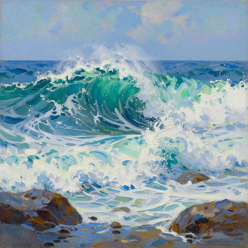 Impressionistic painting of a dynamic ocean wave crashing against rocky shore, with vivid blues, whites, and greens, under a clear sky.