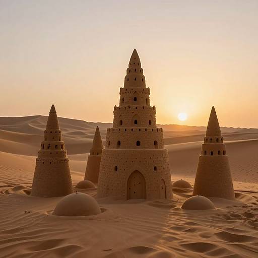 Photograph of a sandy desert at sunset, featuring four tall, conical, castle-like structures with domes, set in undulating sand dunes