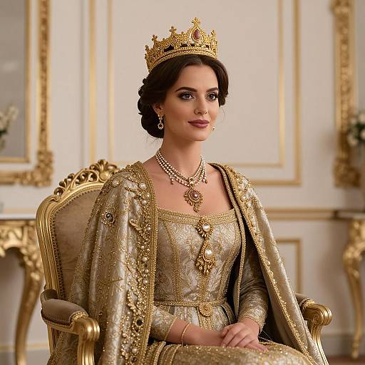 Photograph of a regal woman with dark hair, wearing a gold crown, ornate gold gown, and jewelry, seated on a luxurious gold chair