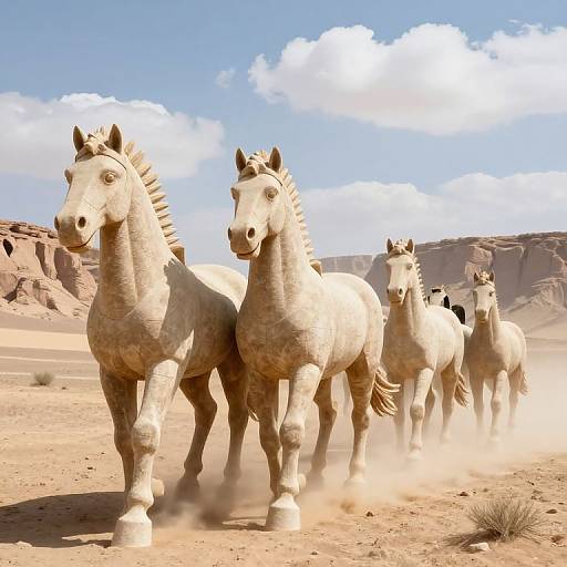 Photograph of four white horses with spiked manes galloping through a dusty desert landscape under a bright blue sky with white clouds.