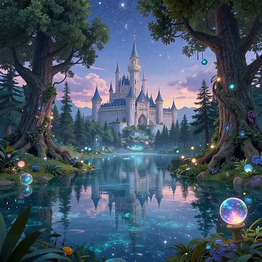 Fantasy digital painting of a magical castle reflected in a glowing, bubble-filled forest pond under a starry twilight sky.