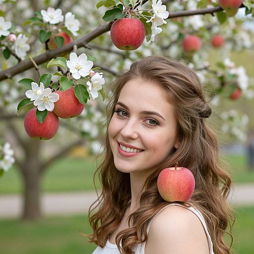 Photograph of a smiling young woman with wavy brown hair, wearing a white sleeveless top, standing beside an apple tree with red apples and white