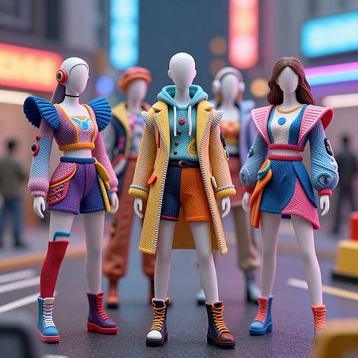 Photograph of colorful mannequins in vibrant streetwear, standing on a city street at night with neon lights and blurred background.