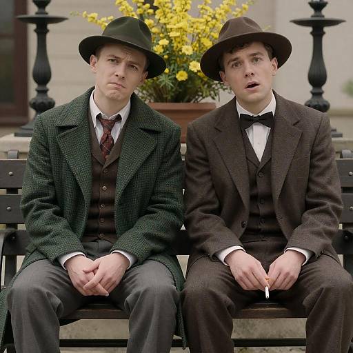 Two Men in Vintage Clothing Sitting on Bench
