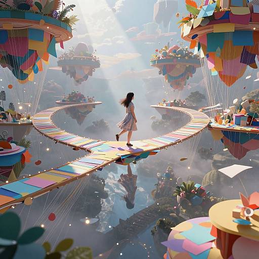 Digital art: A girl with long black hair in a white dress walks on a colorful, floating bridge between vibrant, floating gardens. Bright sunlight illuminates
