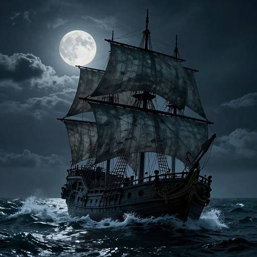Photograph of a silhouetted, three-masted ship sailing under a bright full moon, with dark, tumultuous waves crashing against its hull