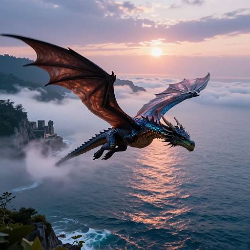 Digital artwork of a majestic, blue and red dragon soaring over a misty ocean at sunset, with distant cliffs and a castle.