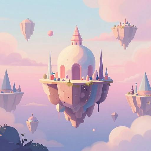 Dreamy digital art of floating, pastel-colored islands with spires and arches, surrounded by pink and blue clouds and distant floating platforms.