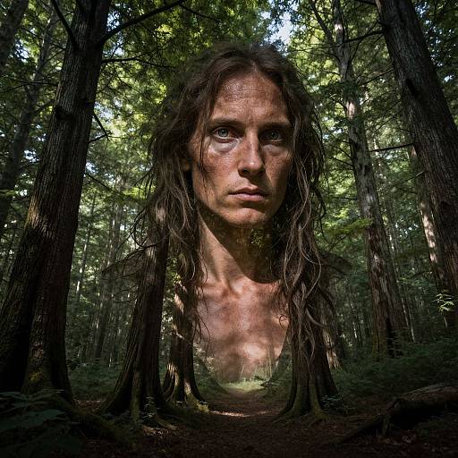 Photograph of a woman with long, wet, brown hair, blue eyes, and a serious expression, standing in a dense, sunlit forest.