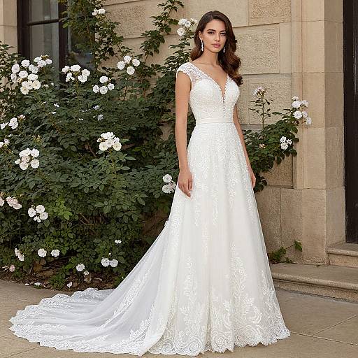 Photograph of a brunette woman in a white lace V-neck wedding dress with a long train, standing against a stone wall with blooming white roses and