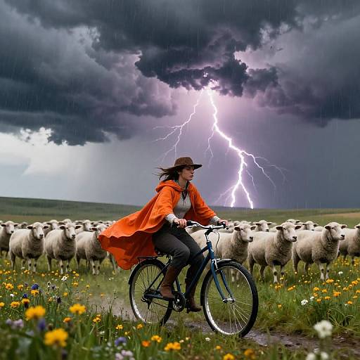 Photograph of a woman in an orange coat and brown hat riding a bicycle through a field of flowers during a lightning storm, with a herd of sheep