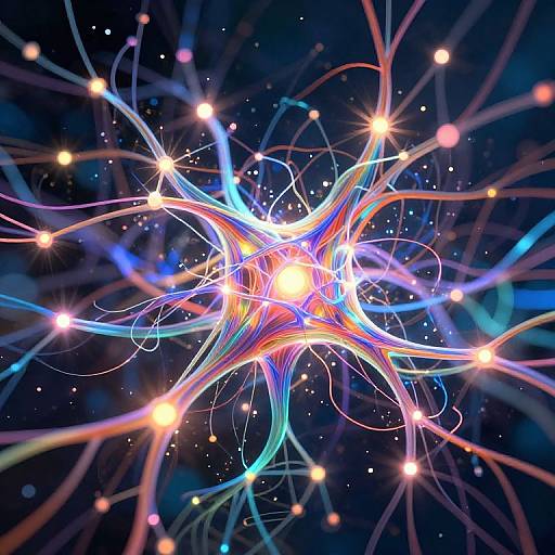 Digital artwork of a vibrant, glowing neural network with bright, colorful, light trails and star-like points against a dark blue background.