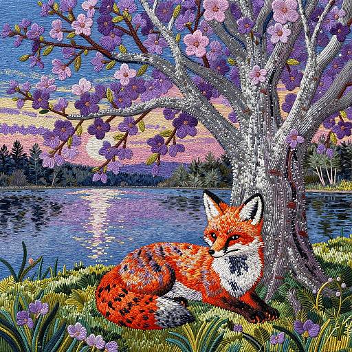 Mystical Fox Cub Under Tree of Life