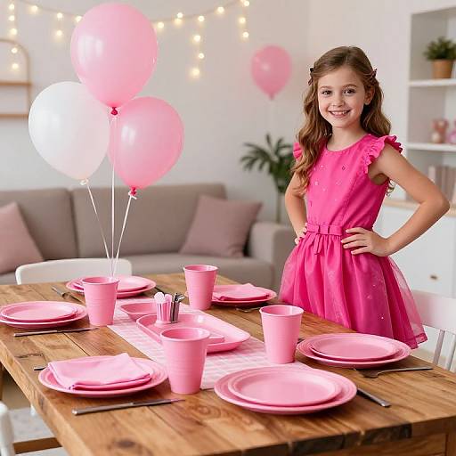 Photograph of a smiling young girl in a pink dress standing by a wooden table with pink balloons, plates, and cups, in a bright, festive