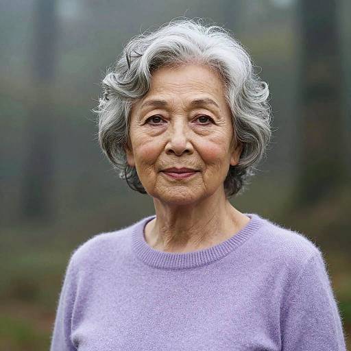 Photograph of an elderly Asian woman with short, wavy gray hair, wearing a lavender sweater, smiling softly in a misty forest.