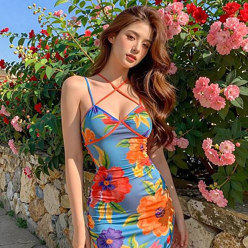 Woman in Vibrant Floral Dress Outdoors