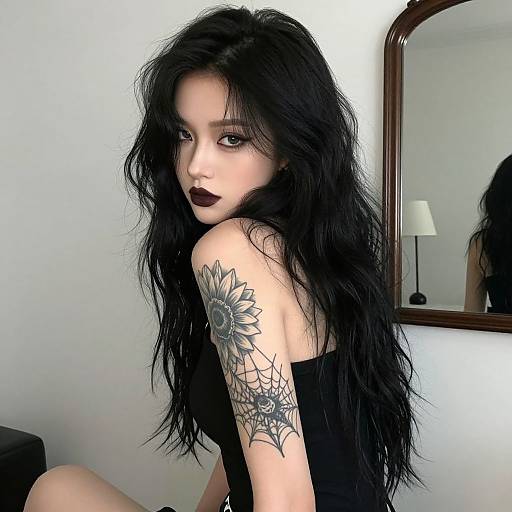 Photograph of a pale-skinned woman with long black hair, dark lipstick, black tank top, and intricate flower and spiderweb tattoo on her shoulder