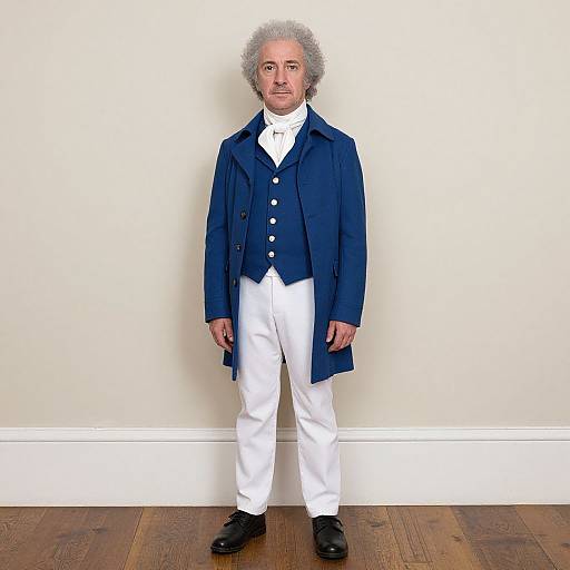 Photograph of an older man with curly gray hair, wearing a navy blue coat, white shirt, white pants, and black shoes, standing against a