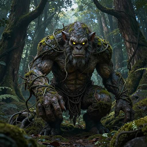 Digital artwork of a muscular, dark-skinned, glowing-eyed werewolf with tangled vines and moss in a dense, shadowy forest.